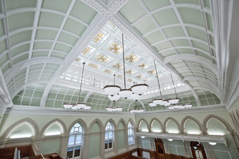 view of the courtroom windows, ceiling and lighting