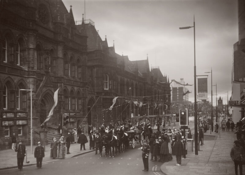 black and white image of the parade outside Middlesbrough Town Hall
